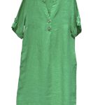 Mooi linnen jurk – v-hals – kraag – 7/8 mouwen – zijzakken en knoppen voorkant – kleur GRAS GROEN – maat 44