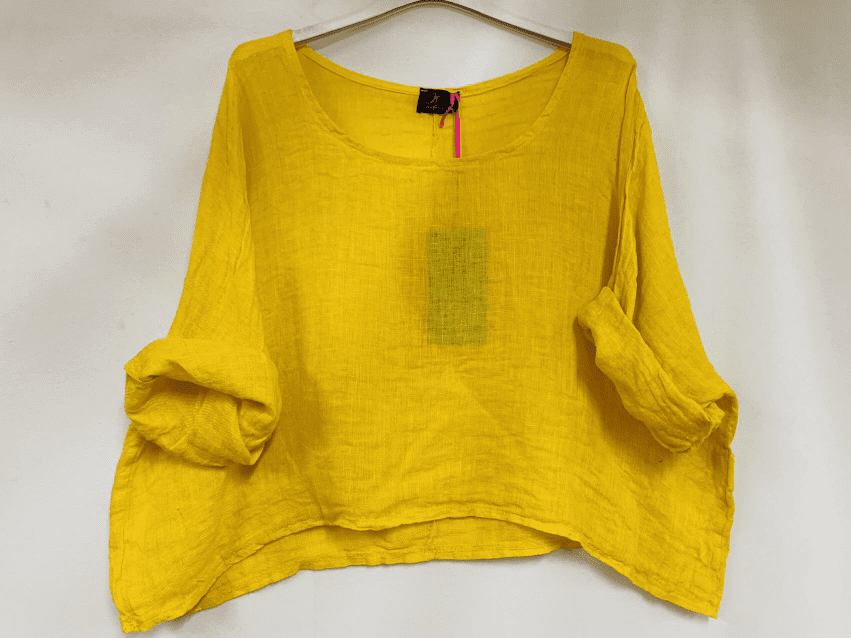 Luchtige linnen korte – crop top – ronde hals – raglan mouwen kleur GEEL – one size